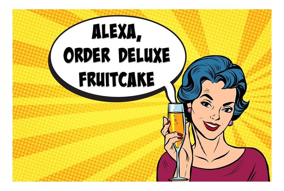 Comic Style Woman Ordering Fruitcake with Alexa